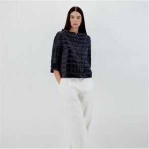 Herno Iconico Donna Short Puffer Jacket Half Coat Lightweight Snap Front Navy